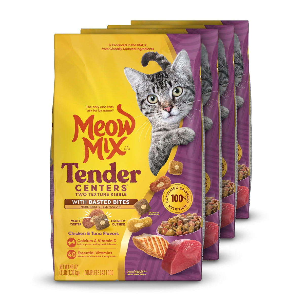 Meow Mix Tender Centers, Dry Cat Food, Salmon & Turkey Flavors, 4 Bags