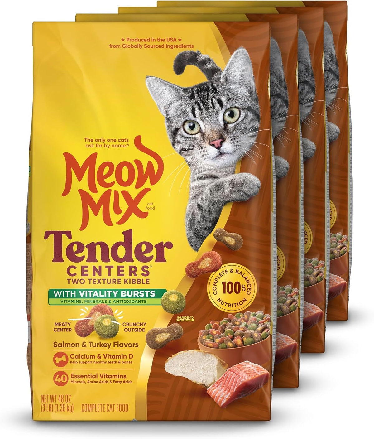 Meow Mix Tender Centers, Dry Cat Food, Salmon & Turkey Flavors, 4 Bags