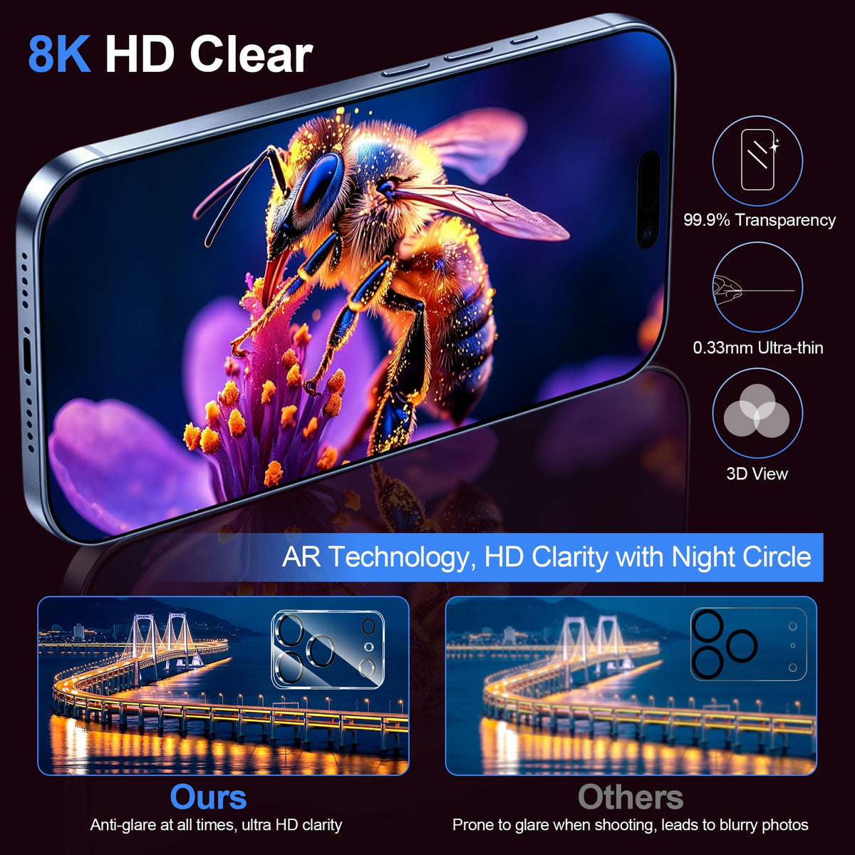 QHOHQ 3 Pack Screen Protector for iPhone 13 Pro 6.1 Inch with 3 Pack Tempered Glass Camera Lens Protector, Ultra HD, 9H Hardness, Scratch Resistant - Case Friendly [Not fit iPhone 13 Pro Max 6.7"]