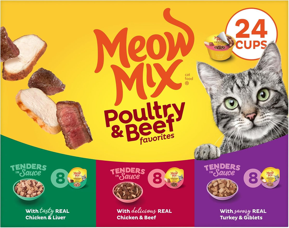 Meow Mix Poultry & Beef Favorites, Wet Food Variety Pack, 24 Cups
