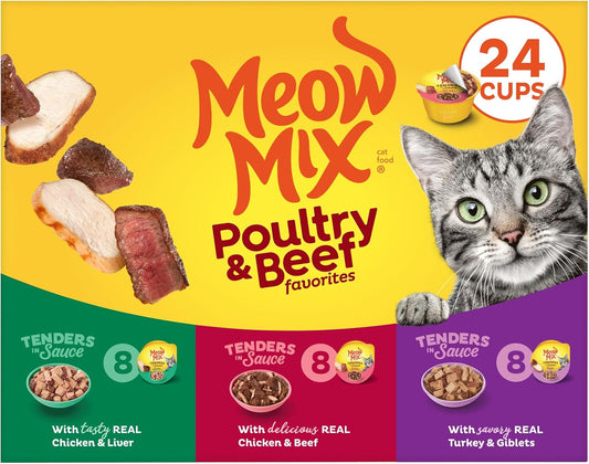 Meow Mix Poultry & Beef Favorites, Wet Food Variety Pack, 24 Cups