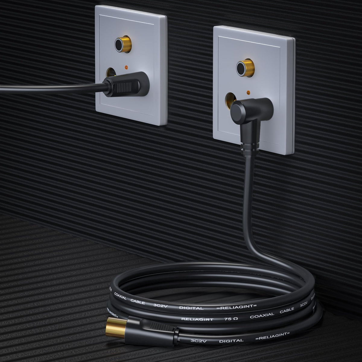 TV Aerial Cable 0.5m, 75 Ohm Coaxial Lead, IEC 9.5mm Male to Male 3C2V Pure Copper Dual Shielded, Right-Angle Connector, Female to Female Adaptor Included, Black