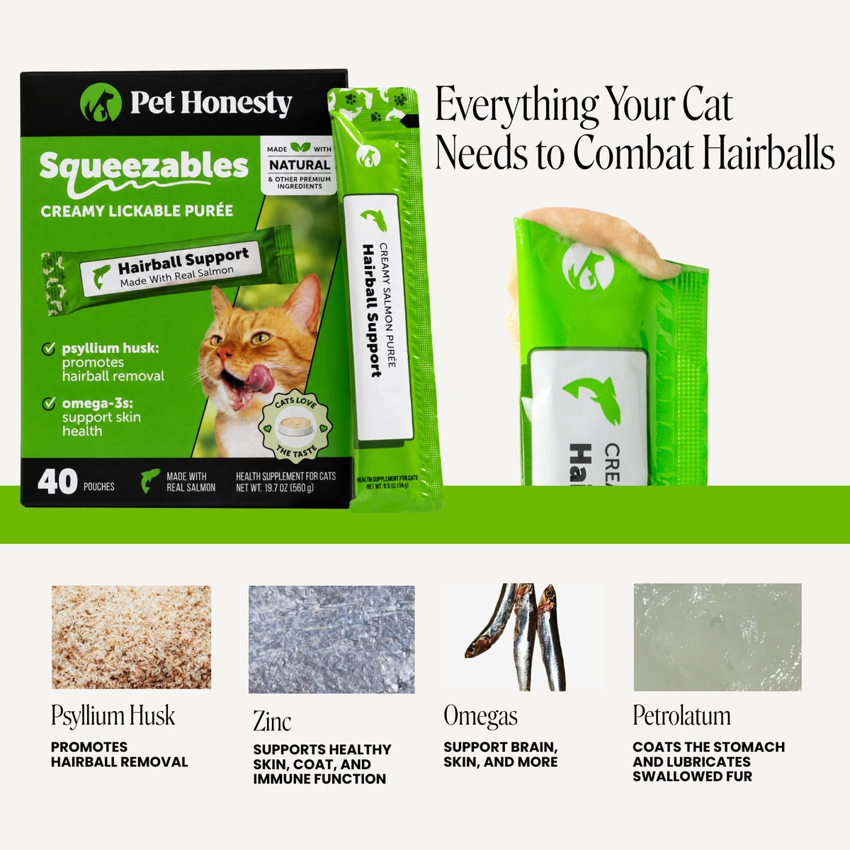 Pet Honesty Vet Backed Hairball Remedy Lickable Puree, Salmon, 20 Ct
