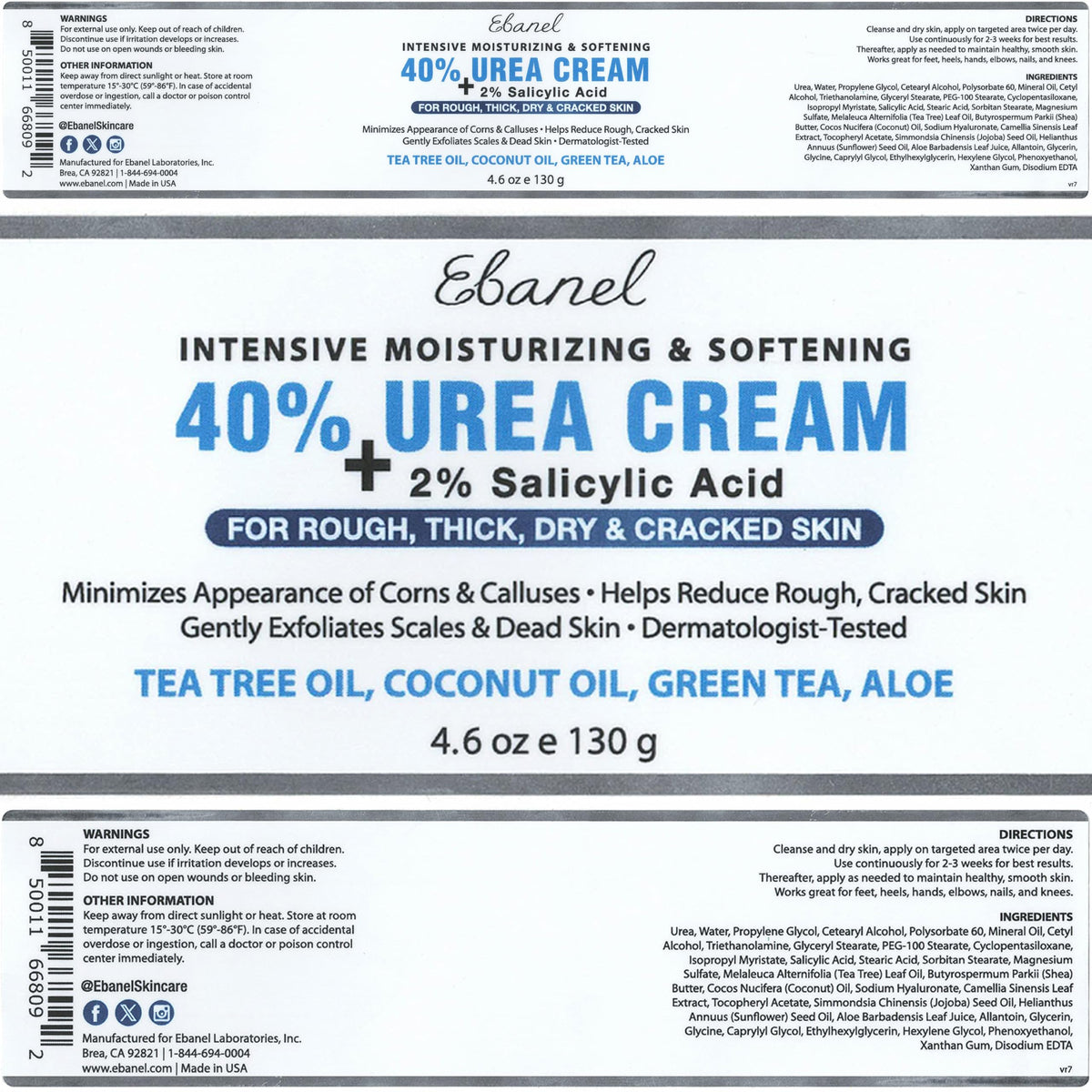 Ebanel Urea Cream 40% plus Salicylic Acid 2% for Dry Cracked Feet Skin, 2PK