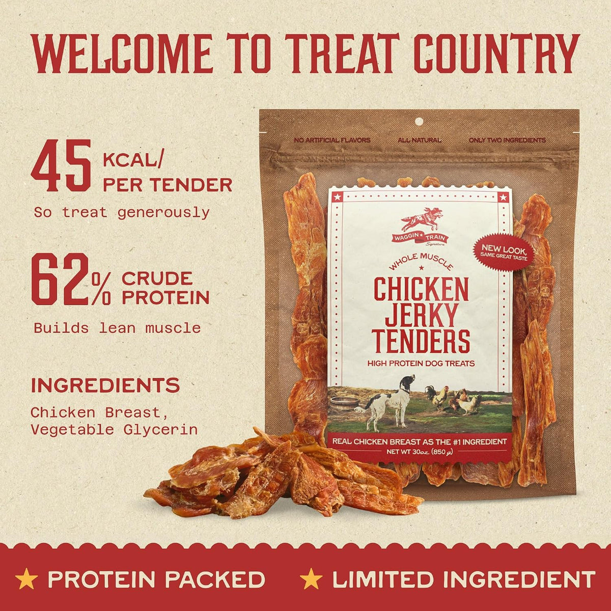 Waggin' Train Chicken Jerky Dog Treats, Made with 100% Real Chicken Breasts, Only Two All-Natural Ingredients, Great High Protein Dog Treat, Easily Digestible for Big or Small Dogs, 30 oz. Pouch