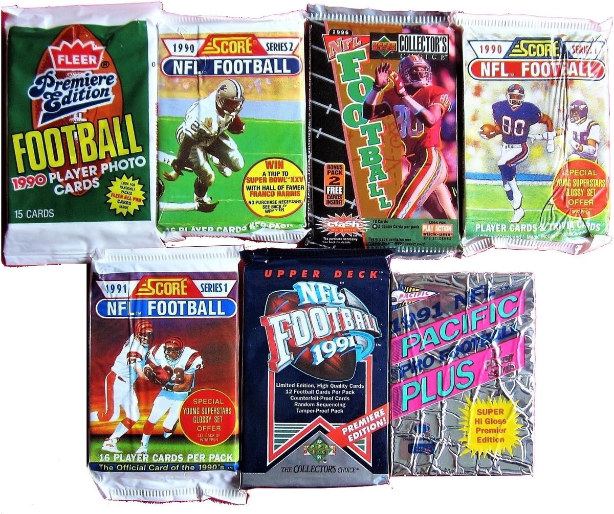 100 Vintage Football Cards in Old Sealed Wax Packs - Perfect for New Collectors