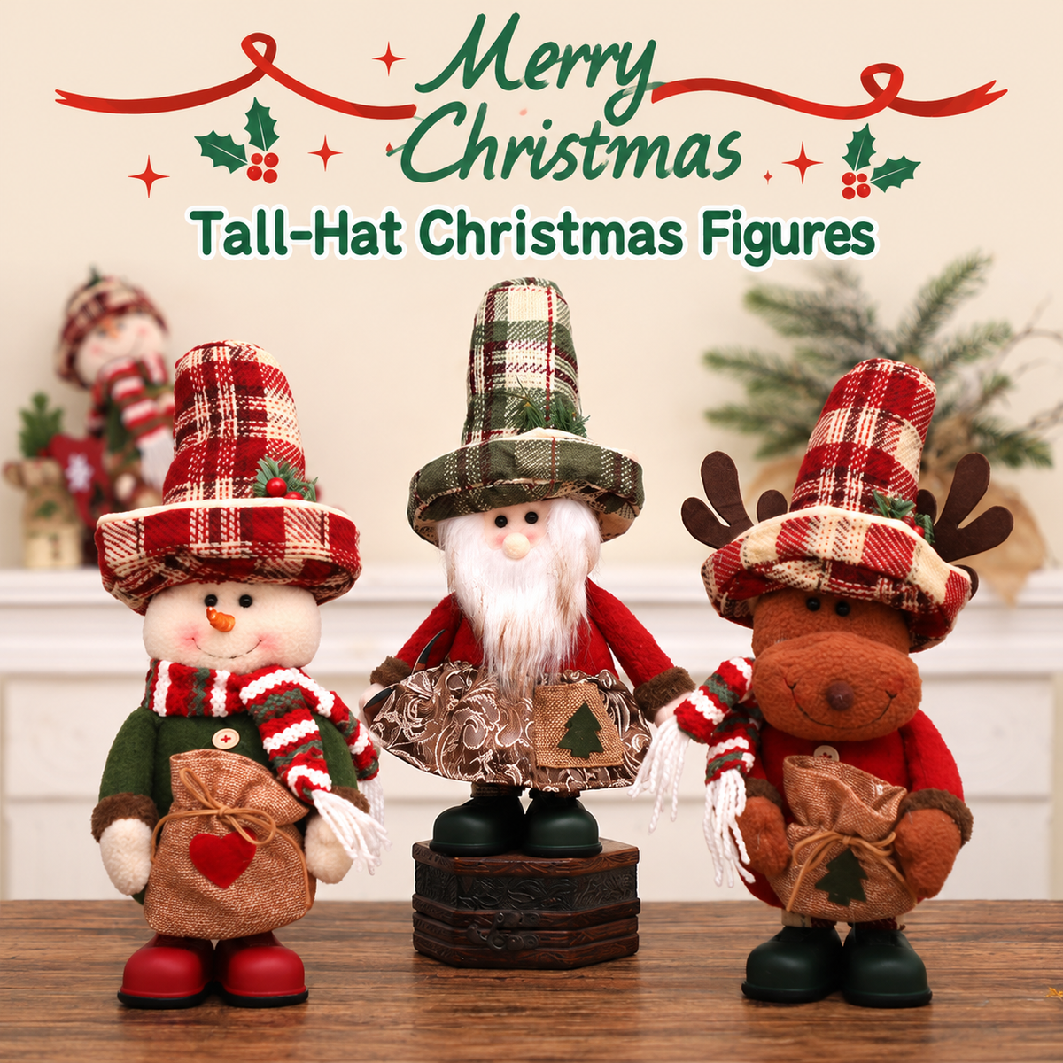 【Free Shipping】Rustic Christmas Standing Figure with Plaid Hat – Santa, Snowman or Reindeer-Home Limited Time 40% Off