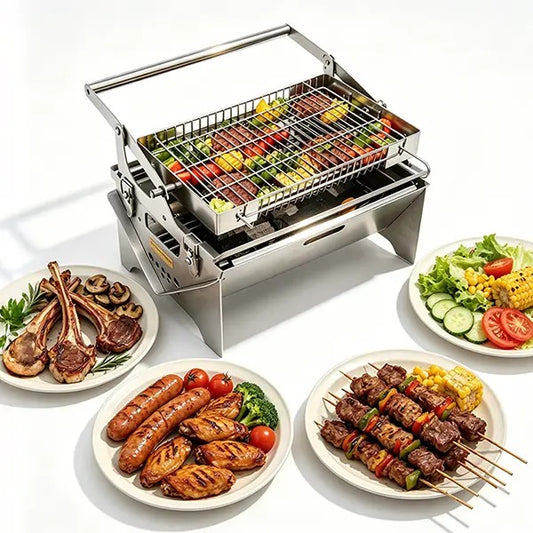 Portable Foldable Stainless Steel BBQ Grill, Manual 360° Rotatable Flip Grill for Camping Picnic Outdoor Cooking