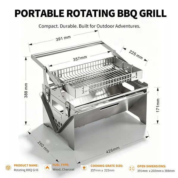 Portable Foldable Stainless Steel BBQ Grill, Manual 360° Rotatable Flip Grill for Camping Picnic Outdoor Cooking