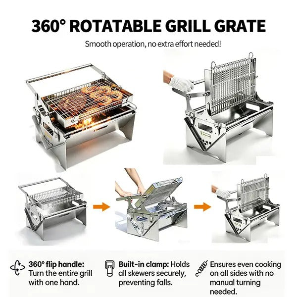 Portable Foldable Stainless Steel BBQ Grill, Manual 360° Rotatable Flip Grill for Camping Picnic Outdoor Cooking