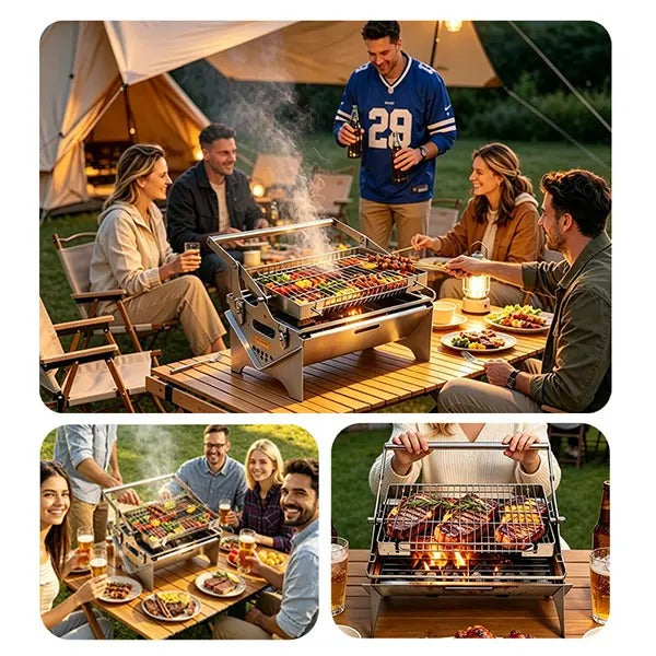 Portable Foldable Stainless Steel BBQ Grill, Manual 360° Rotatable Flip Grill for Camping Picnic Outdoor Cooking